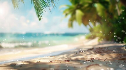 Wall Mural - Summer exotic sandy beach with blur palms and sea on background