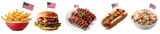 Fototapeta Nowy Jork - Traditional Independence day food plate with fries, beef burger, pork ribs, hot dog and coleslaw salad over white transparent background. 4th of July, American day concept