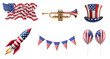 Collection of Patriotic Elements for USA with flag, trumpet, top hat, rocket space, bunting and balloons. Isolated over white transparent background