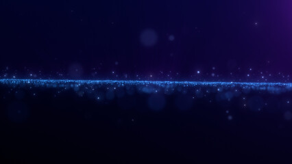 Abstract blue glowing digital particle landscape surface in cyberspace. Virtual reality illustration. Movement of defocused flow of bright shiny magical futuristic fantasy waves on dark background.