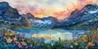 Banner, mountain summer, watercolor, alpine flowers, melting snow streams, dawn light, panoramic. 