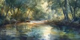 Fototapeta  - Banner, lazy river, watercolor, dappled light through trees, gentle flow, noon, wide tranquility. 