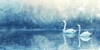 Watercolor banner, swans on a lake, mirror reflections, soft blues, dawn, wide, graceful togetherness. 