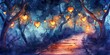 Watercolor banner, path lined with heart lanterns, twilight, inviting journey, wide, enchanting love.