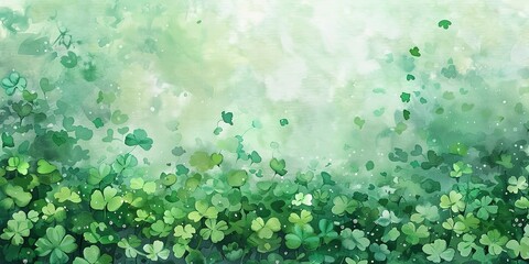 Poster - Banner, clover field, watercolor, sea of green, dew drops, midday, wide luck.