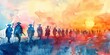 Banner, historical reenactment, watercolor, revolutionary soldiers, soft pastel dawn, wide, patriotic tribute.