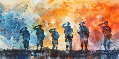 Poster - Watercolor banner, veterans saluting, faded uniforms, solemn pride, sunrise, wide honor.