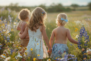 Canvas Print - A proud sister holding her baby brother and sister's hands, guiding them through a field of wildflowers.