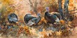 Watercolor, wild turkeys, banner, amidst fall foliage, soft browns and greens, morning, wide, natural