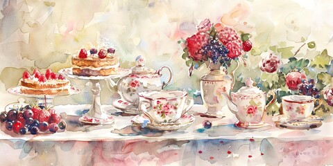 Wall Mural - Watercolor banner, tea party setting, elegant teacups and cakes, afternoon light, wide, cozy celebration.