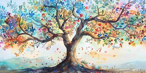 Sticker - Banner, family tree, watercolor, blooming branches, names and dates, evening, wide, generational love.