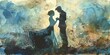 Banner, couple's first dance, watercolor, shadow and light interplay, evening glow, wide, intimate swirl. 