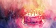 Watercolor banner, birthday cake with candles, soft glow, twilight, wide, wishful moment.