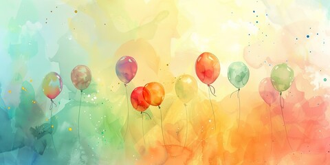 Wall Mural - Banner, floating balloons, watercolor, rainbow hues, clear sky, golden hour glow, wide, uplifting joy. 