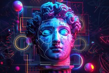 Psychedelic Visual Trends: Surreal Antique Greek God Sculpture, Roman Column, Statues, Vibrant Neon Colors, Creating A Mesmerizing And Avant-garde Fusion Of Past And Present