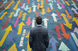 © grey - A businessman facing multiple arrows pointing in different directions, the concept of decision making