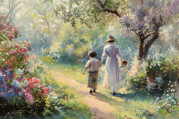 Canvas Print - A serene scene as the mother and son take a leisurely stroll through a beautiful garden, surrounded by blooming flowers.