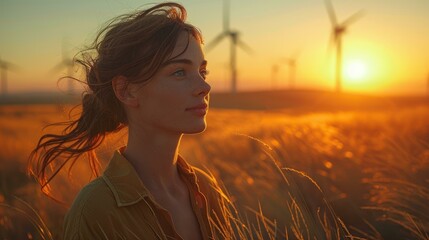 Young woman enjoying sunset in a wheat field with wind turbines in the background. Renewable energy, natural beauty, and environmental conservation concept. Copy space.