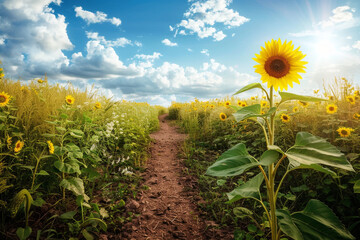 Canvas Print - A sunflower field with a path leading to a bright future.