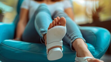 a woman sitting in a blue chair with her foot in a cast