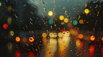a view of a street through a rain covered window with traffic lights in the background