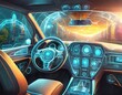autonomous futuristic car dashboard concept with hologram screens and infotainment system as wide banner