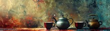 A Still Life Of A Teapot And Two Teacups. The Background Is A Colorful Abstract Painting.