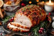 Sliced roasted turkey breast with herbs and spices on a festive table with holiday decorations. Christmas culinary tradition concept for design and print.
