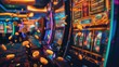 An image of flashing lights and spinning reels on a slot machine big win with coins spilling out.
