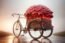 A Bicycle Equipped With A Wooden Box Full Of Red Hearts