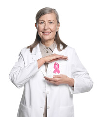 Wall Mural - Mammologist with pink ribbon on white background. Breast cancer awareness