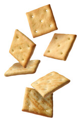 Wall Mural - Tasty dry square crackers falling on white background