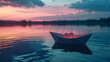 A romantic paper boat with a love note floats serenely on a calm lake under a colorful twilight sky.
