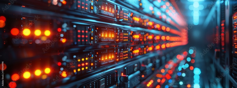 Close-up of illuminated server racks with glowing red and blue lights ...