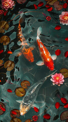 Wall Mural - Two koi fish swimming in clear chinese new year patten water with ripples