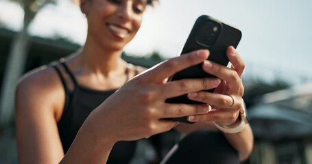 Poster - Hands, woman and smartphone outdoor for fitness app, communication and scroll social media for workout tips. Using phone on exercise break, sports blog with connectivity and happy with online chat