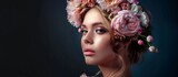 Fototapeta  - A woman with a beautiful crown made of colorful flowers adorning her head