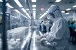 Worker in protective suit inspects products in a cleanroom facility.