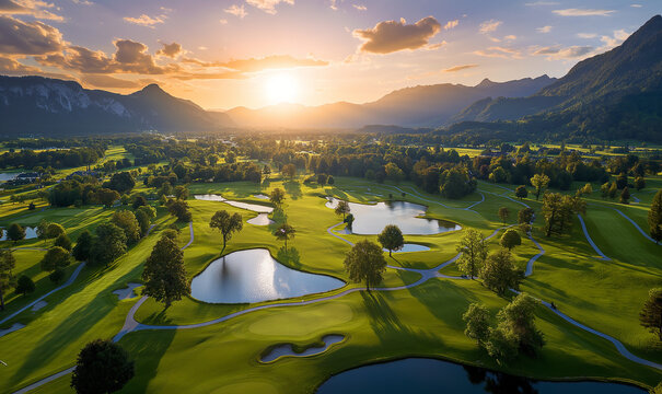 A stunning aerial view of the magical, lush green golf course at sunset in a luxury resort hotel near a highway with mountains and a lake