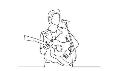 Single one-line drawing of a singer with a guitar.continuous line drawing rock star man singing with a microphone.pop singer, rock star concept vector illustration.
