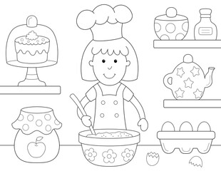 Wall Mural - girl chef easy coloring page for kids. you can print it on standard 8.5x11 inch paper