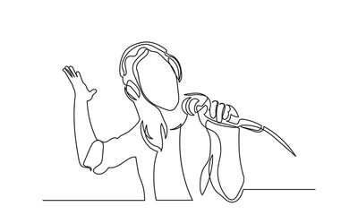 Wall Mural - Single one-line drawing of a girl singer with a microphone .continuous line drawing rock star girl singing with a microphone.pop singer, rock star concept vector illustration.