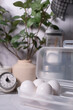 Kitchen counter top decorate with timer and eggs for cooking and baking concept.