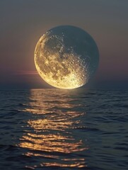 Wall Mural - Majestic Full Moon Rising Over Tranquil Ocean Waves at Sunset - A Breathtaking Natural Scenery for Relaxation and Inspiration