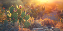 Golden Desert Sunrise Over Texas Prickly Pear Cactus Beautiful Natural Landscape,
