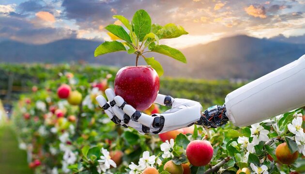 Robot hand future concept technology food science apple flower green industry