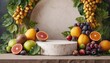 Podium with fruits background, concept stand presentation mockup scene stage