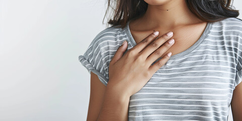 close up of a woman with her hand on her chest feeling pain, generative AI