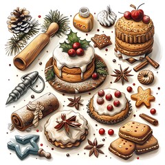 clipart featuring holiday baking essentials like cookie cutters, rolling pins, and icing tubes, alongside freshly baked treats adorned with colorful decorations, all depicted