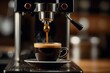 Close-up of a rich, dark espresso shot being extracted from a high-end, modern espresso machine in a cozy cafe setting.
